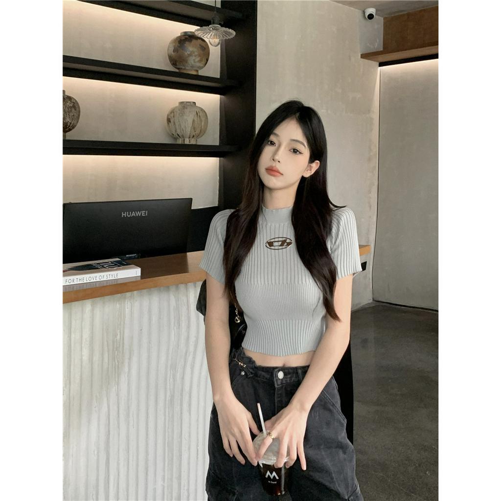 HUANG YOYO Áo Thun Dệt Kim Tay Ngắn Cổ Cao Dáng Ôm Phong Cách Thời Trang Retro Mỹ