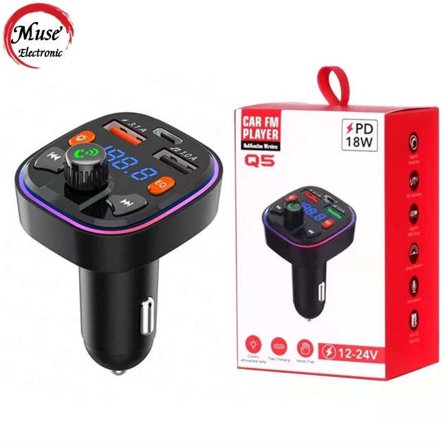 Sạc Nhanh Usb Pd Type C Kết Nối Bluetooth 5.0 Kiêm Đài Fm Rảnh Tay Cho Xe Hơi