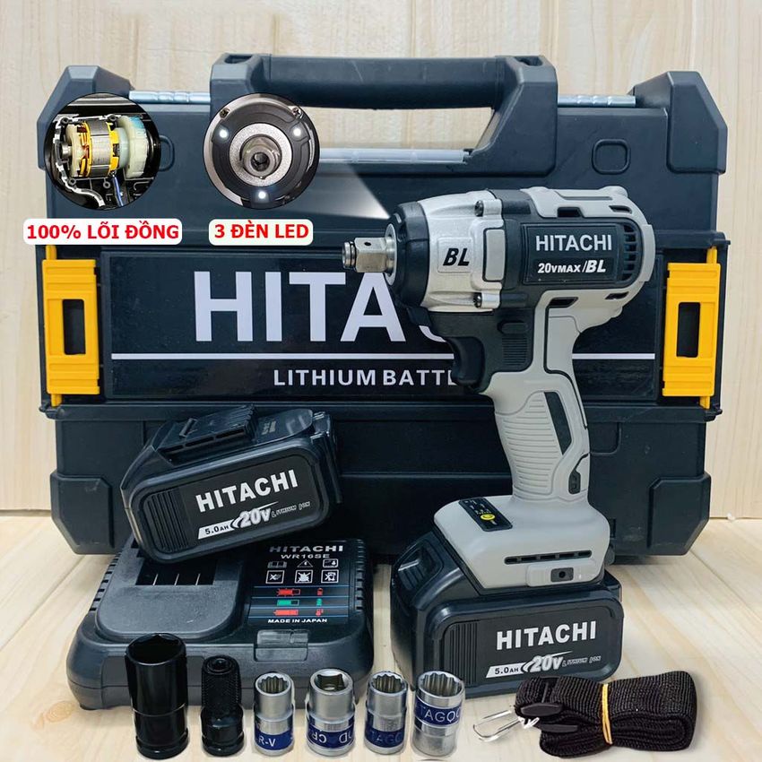 Máy siết bulong dùng pin Hitachi 20V 330NM – Tặng 6 đầu khẩu - 3 đèn Led - Không Chổi Than - Máy bắn vít đa năng