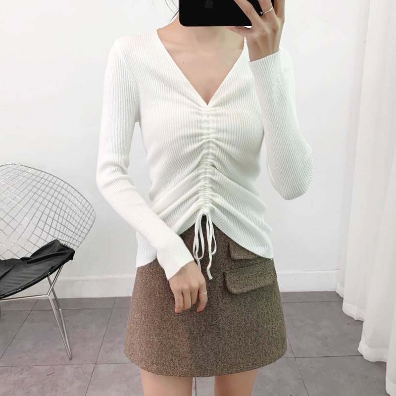 Áo len nữ màu trắng dài tay cổ chữ V thiết kế dây rút  thu đông Al35