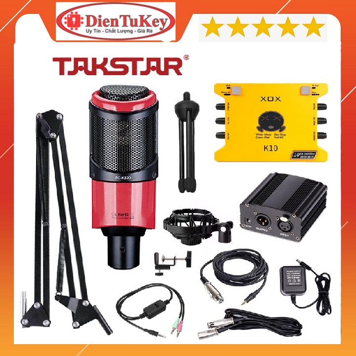 Combo thu âm chuyên nghiệp Soundcard XOX K10 2020 - Mic Takstar PC-K320 kèm dây live,kẹp mic, màng lọc âm tặng tai nghe