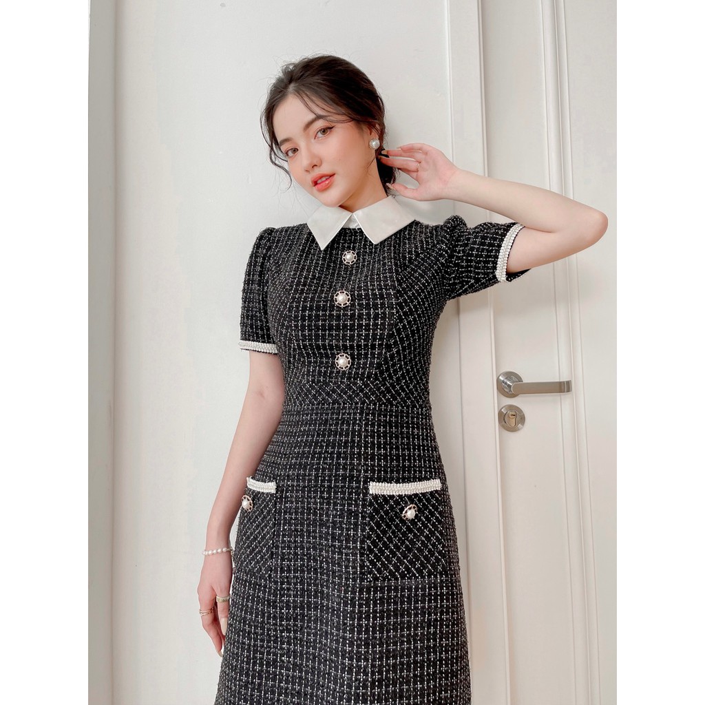 Váy Dạ Đen Cổ Sơmi Ngắn Tay Phối Kim Tuyến- Đầm Dạ Tweed Đính Khuy Ngọc Cổ Sơ Mi- Design Zoone V21706