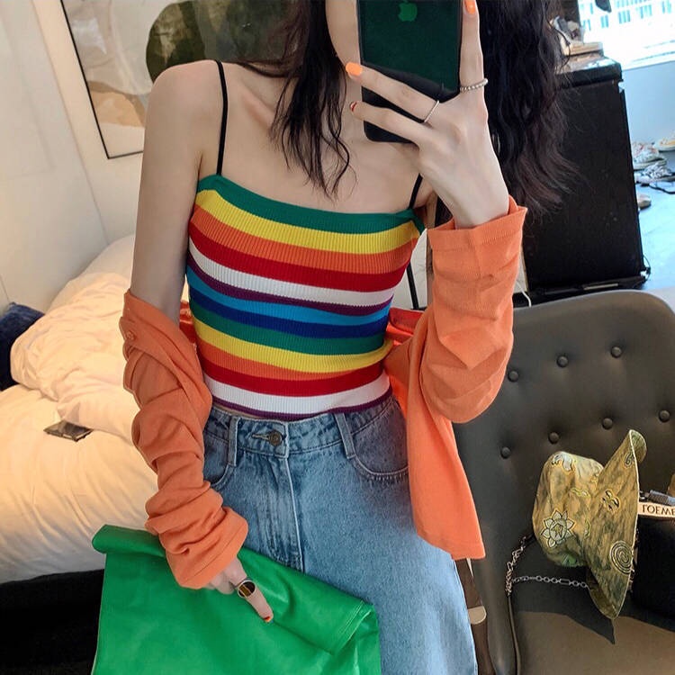Jiashucheng Áo Không Tay Kẻ Sọc Cầu Vồng Màu Sắc Tương Phản Phong Cách Mới Mùa Hè Cho Nữ