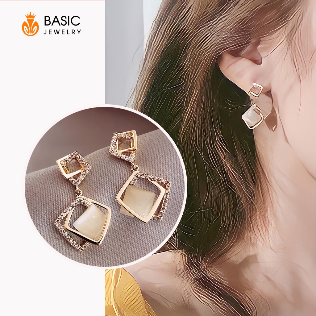 Bông tai nữ mạ bạc 925 phong cách hàn quốc giá rẻ, khuyên tai hình opal vuông xinh xắn BS004