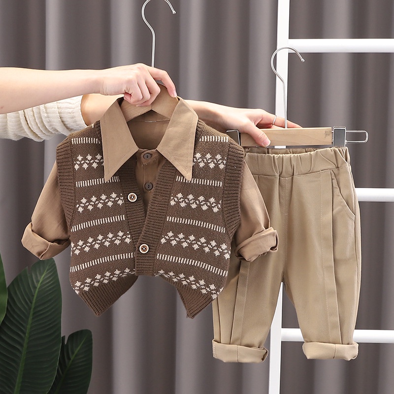 Sét 3 món áo ghi-lê len, áo sơ mi và quần kaki cho bé trai hàng loại 1 siêu đẹp