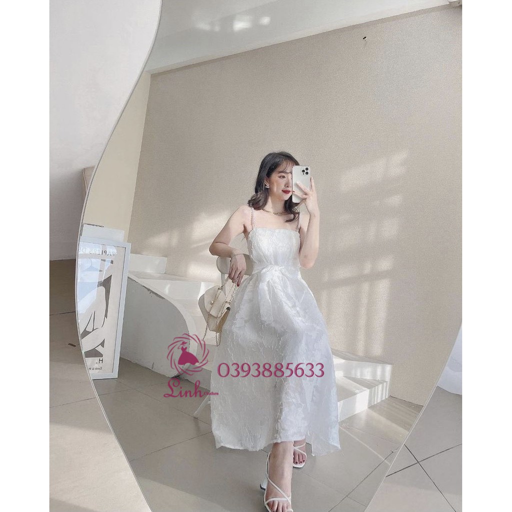 Đầm tiểu thư trắng gấm nơ hai dây vai đính hạt