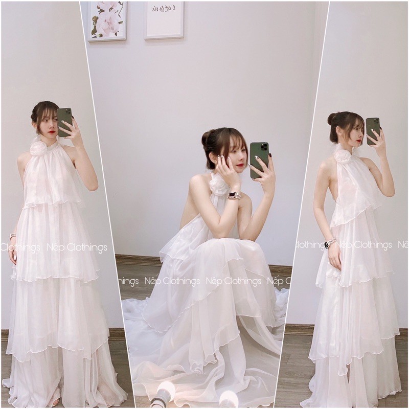 Váy maxi cổ yếm tầng kèm hoa