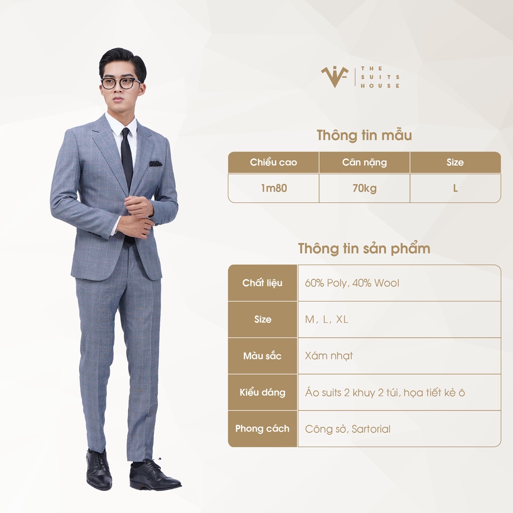 Bộ vest nam xám kẻ ô, suits sartorial, form ôm The Suits House