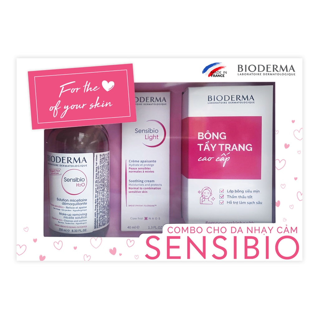 Bộ sản phẩm nước tẩy trang micellar cho da nhạy cảm Bioderma Sensibio H2O 250ml và kem dưỡng Sensibio Light 40ml