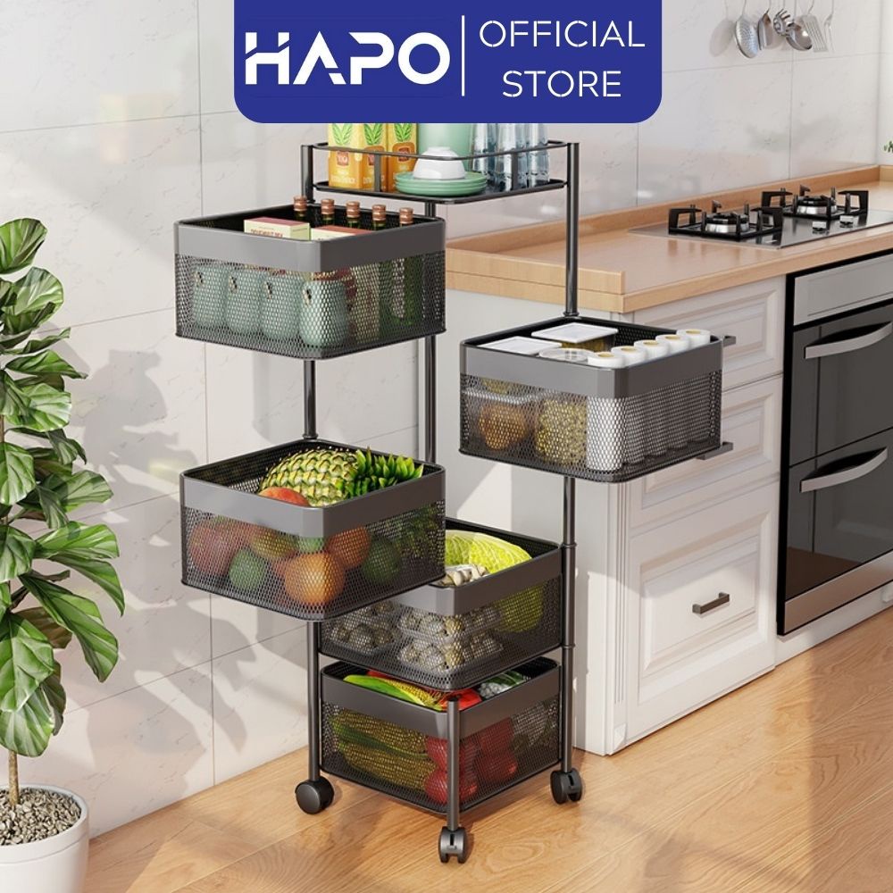 Kệ rổ vuông 5 tầng để đồ nhà bếp, phòng khách, phòng ngủ, Kệ xoay 360 độ có bánh xe, Giá đựng đồ đa năng cho gia đình