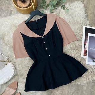 Áo Peplum cổ bẻ phối tơ đính hạt châu phom đẹp che bụng gọn dáng