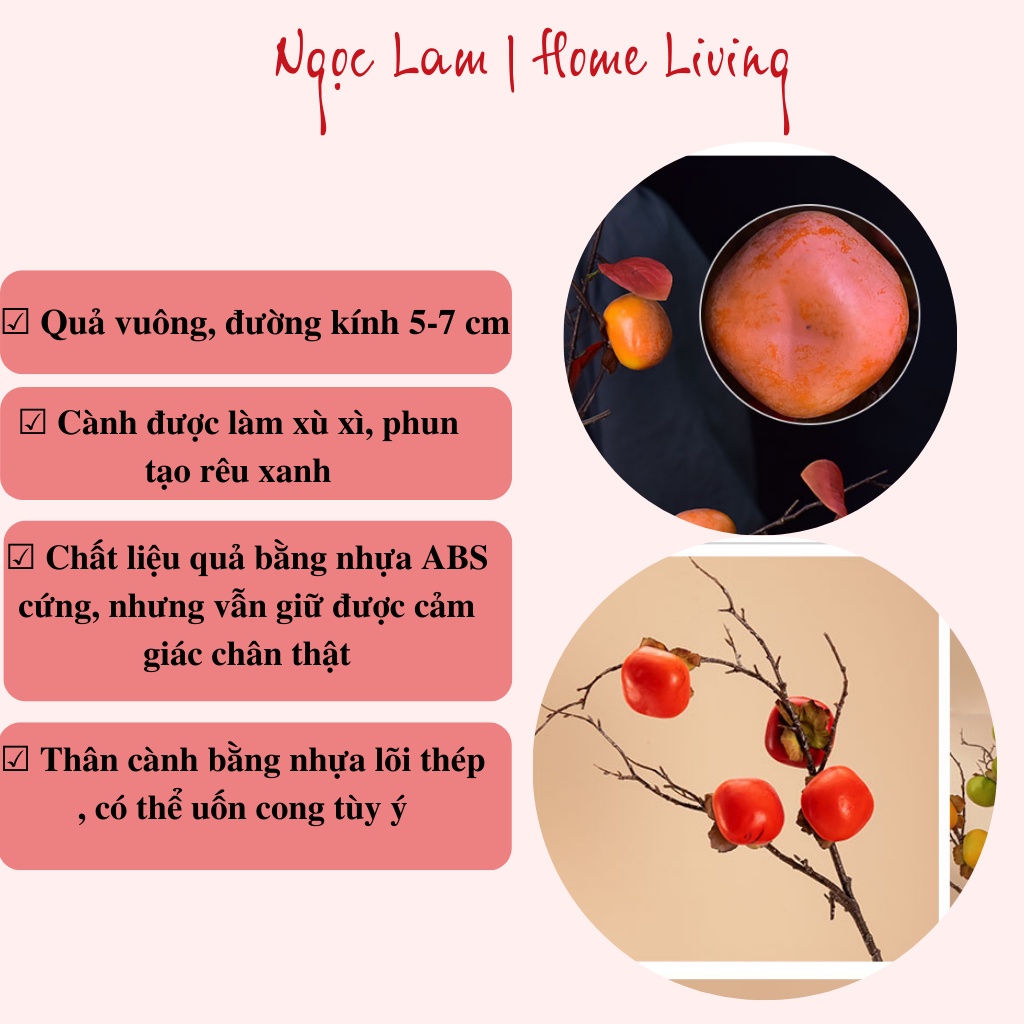 Cành quả hồng đỏ 7 quả giả dùng trang trí studio, spa, đại sảnh khách sạn, nhà hàng, phòng khách, phòng ngủ gia đình