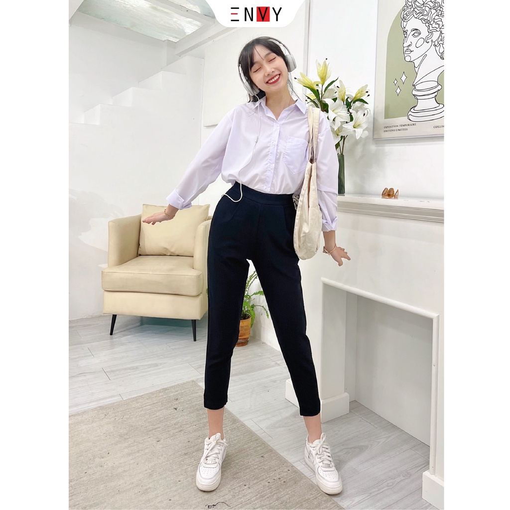 Áo sơ mi nữ trắng tay dài đi học có túi kiểu ENVY SO03 màu trắng form rộng style học sinh, sinh viên