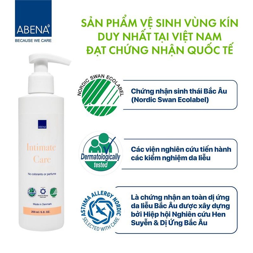 Dung dịch nước rửa dạng gel vệ sinh phụ nữ nhập khẩu Châu Âu an toàn cho sức khỏe Abena Intimate Care 200ml