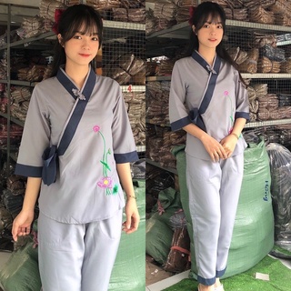 ĐỒ LAM ĐI CHÙA  Mẫu Chéo Nơ Sen Kate Mịn S2