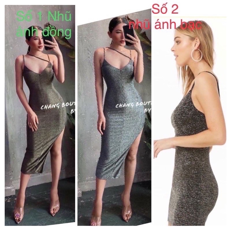 Váy Nhũ Áo 2 dây Chân Váy Dài, Set váy nhũ kim sa áo croptop
