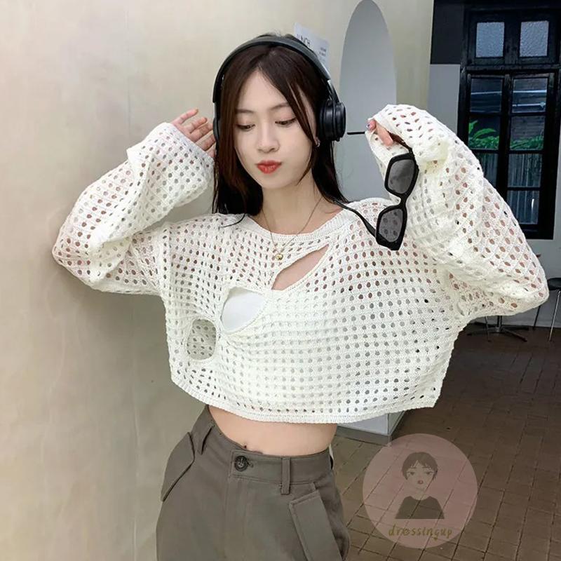 Áo Thun Nữ Dệt Kim Dài Tay Cổ Tròn Thời Trang