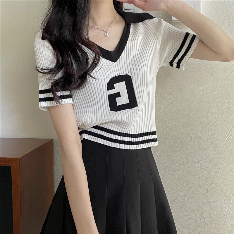 Áo kiểu ZHELIHANGFEI dệt kim tay ngắn cổ chữ V dáng rộng trẻ trung thời trang