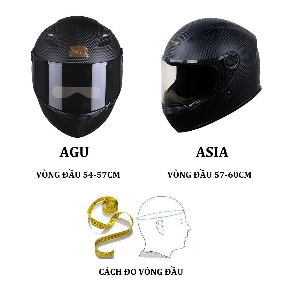  BÁN SỈ - Mũ Bảo Hiểm Fullface AGU, ASIA Vân Carbon Siêu Chất - BH Chính Hãng 12 Tháng