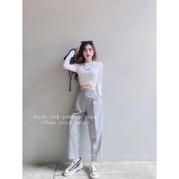 Áo croptop buộc bụng tay dài, cột eo tay dài