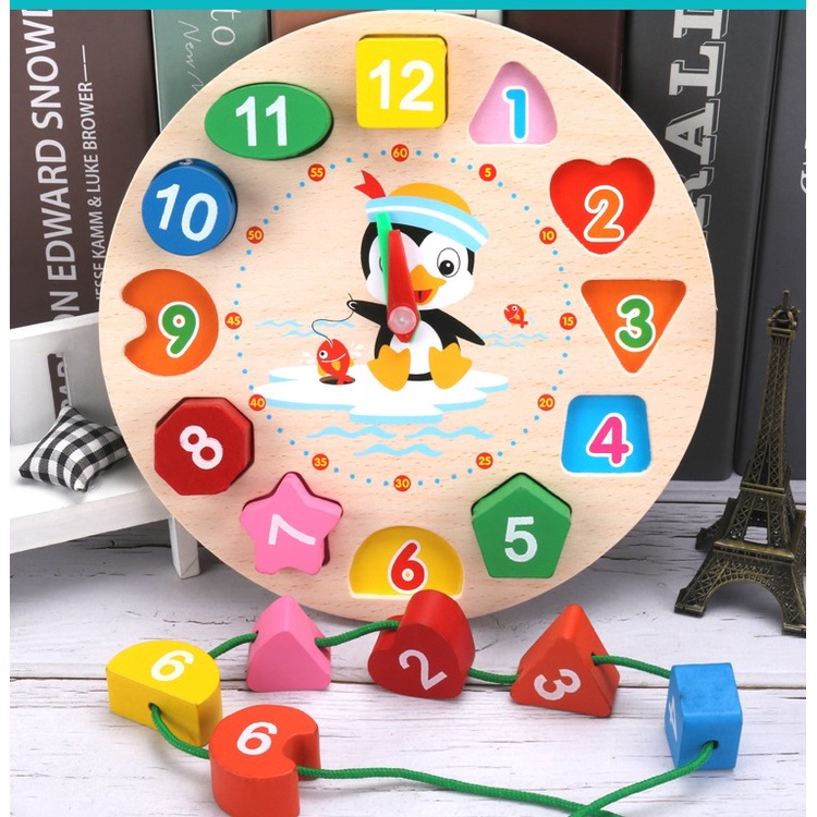 Đồ chơi đồng hồ gỗ, luồn số giúp bé biết thời gian sớm, Đồ chơi Montessories an toàn cho trẻ