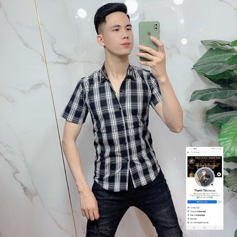 Áo sơ mi nam kẻ sọc caro thêu họa tiết GG ,chất liệu cotton thoáng mát, không nhăn, không bai xù