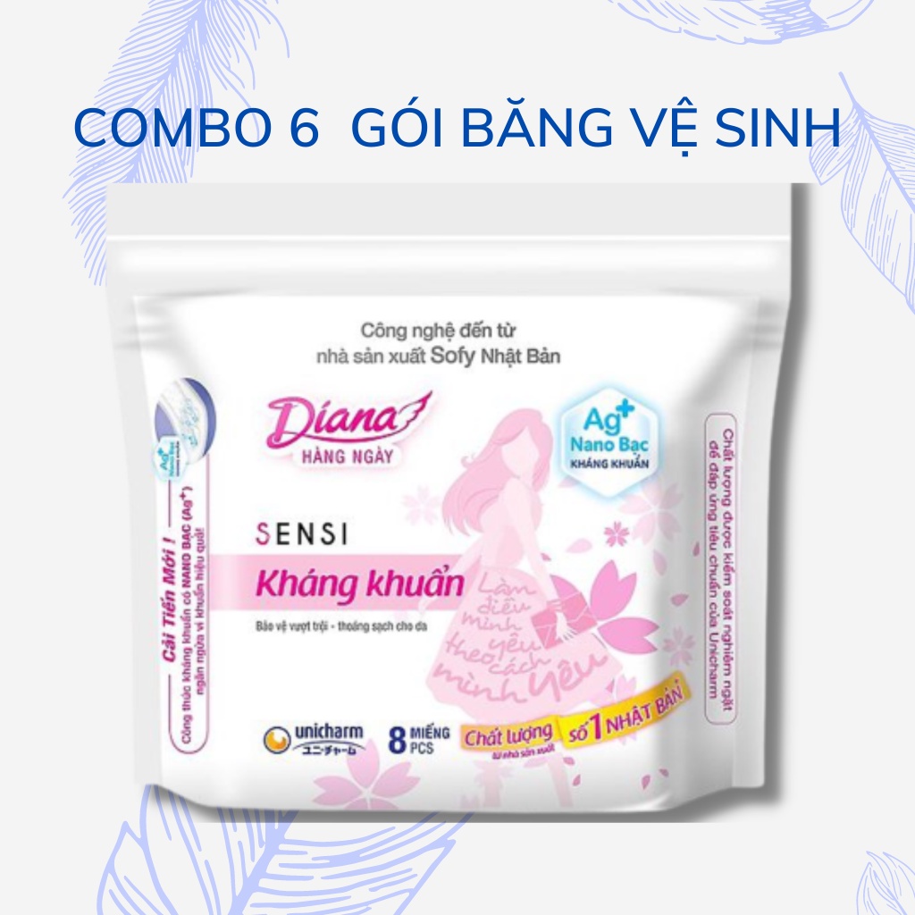 Combo 6 gói băng vệ sinh Diana Sensi kháng khuẩn 8 miếng