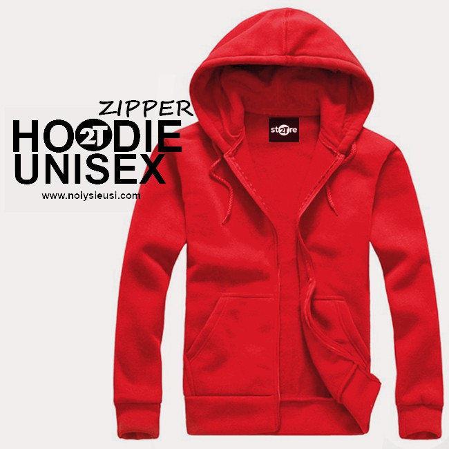 Áo hoodie zipper unisex 2T Store HZ08 màu đỏ tươi - Áo khoác nỉ dây kéo nón 2 lớp dày dặn chất lượng đẹp