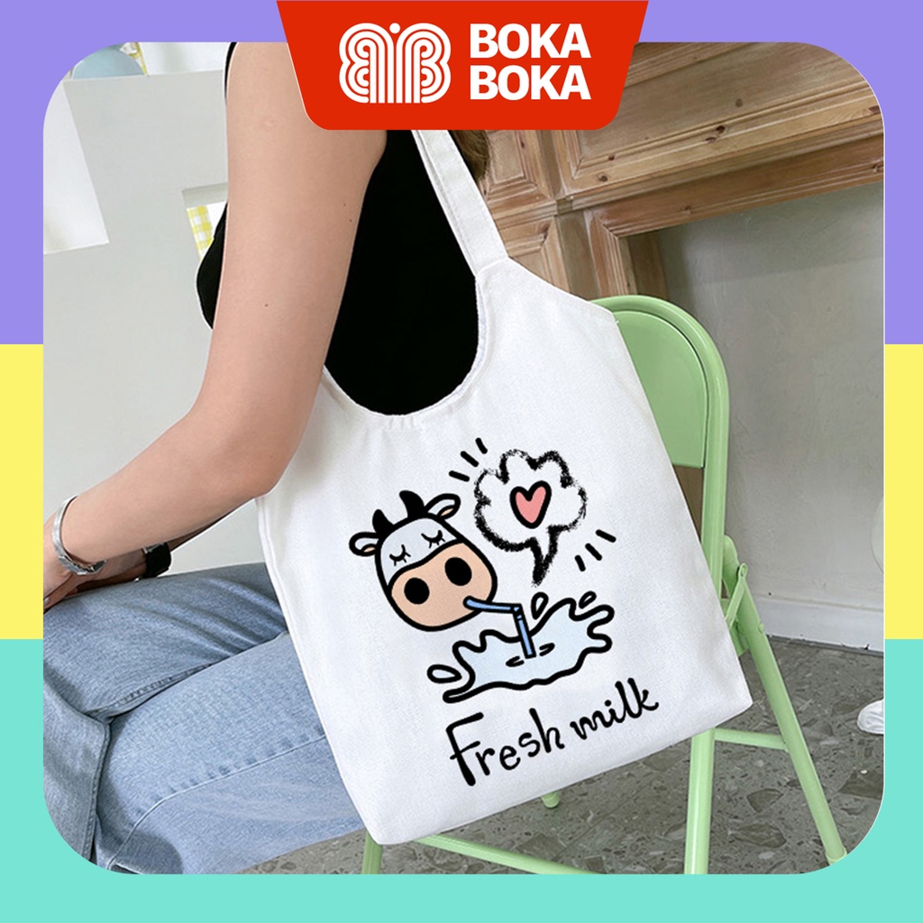 Túi Tote Bò Sữa Vải Canvas Quai Tròn Có Khóa Miệng Túi