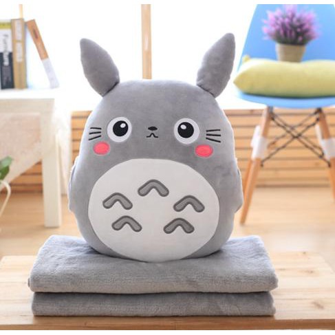 Gối mền 3 trong 1 kèm đút tay mèo totoro dễ thương Xám