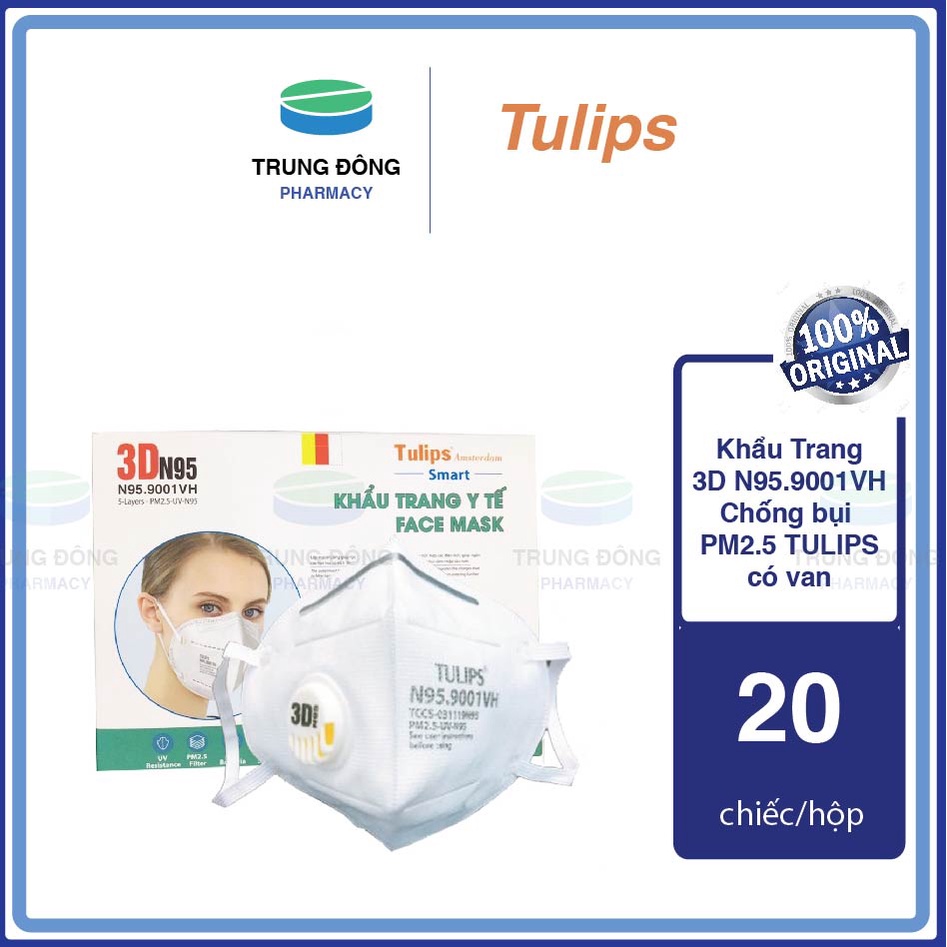 Hộp 20 chiếc Khẩu Trang y tế XỊN 3D N95.9001VH chống bụi PM2.5 TULIPS siêu Mịn có van - Trung Đông Pharmacy