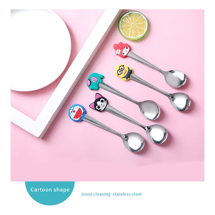 Muỗng / Nĩa / Thìa Bằng Thép Không Gỉ Tay Cầm Silicon Họa Tiết Hoạt Hình Dễ Thương Thời Trang Cho Trẻ Em