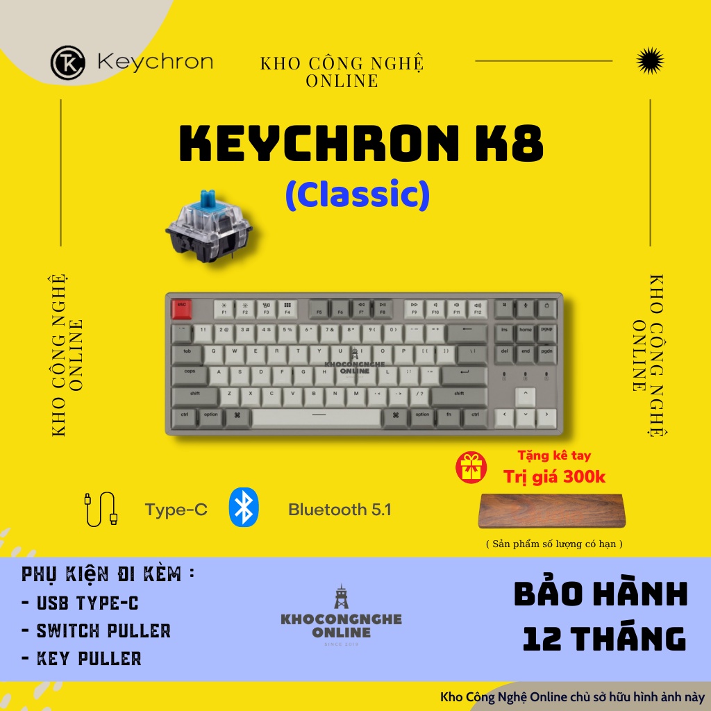 [Mã 33ELSALE hoàn 7% đơn 300K] Bàn Phím Cơ Không Dây Keychron K8 HotSwap - Không Led | Keychron Switch