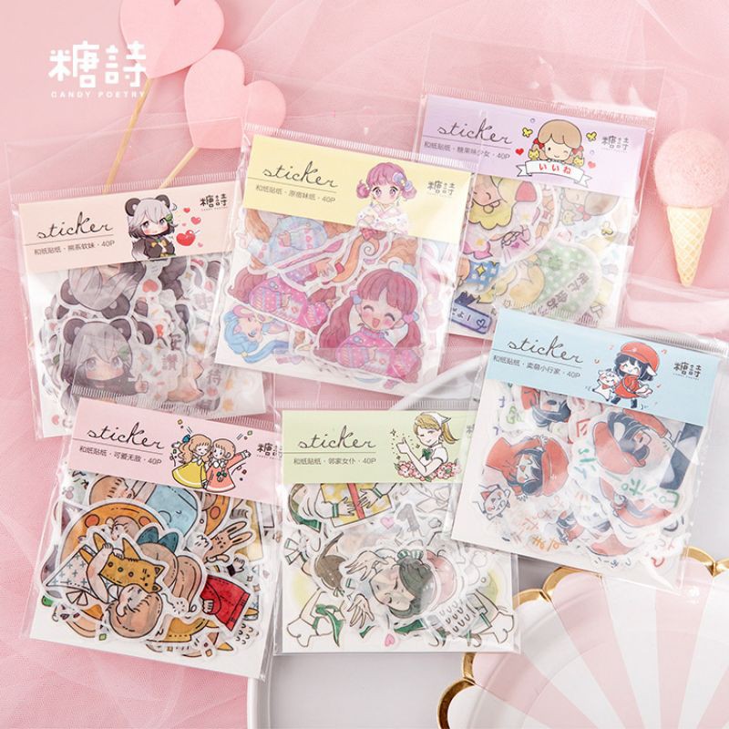Set 40 hình dán sticker trang trí hình chibi dễ thương T502