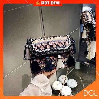 Túi đeo chéo thổ cẩm tua rua DOLnhiều màu phong cách Thái Lan