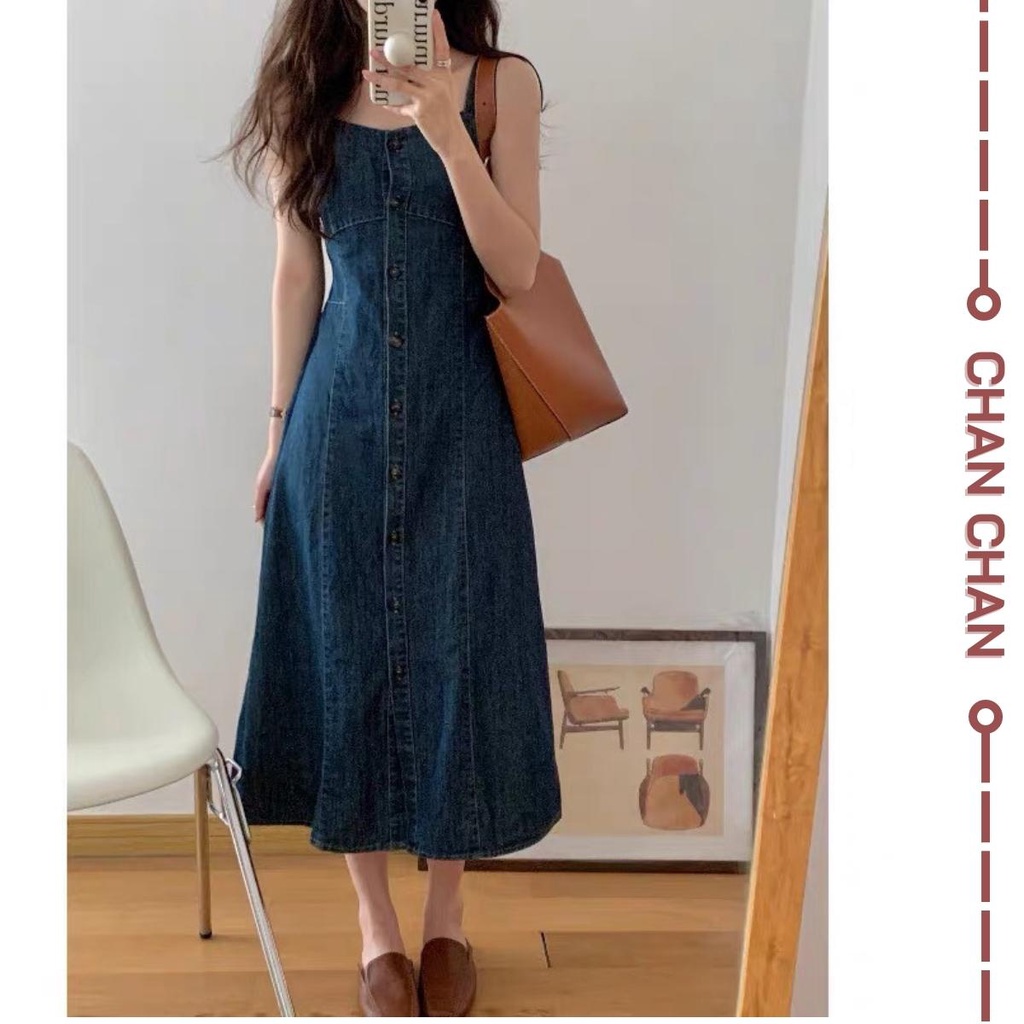 Váy Yếm JEAN Dáng Dài Chữ A Phong Cách Ulzzang, Váy Yếm Bò 2 Dây Demin