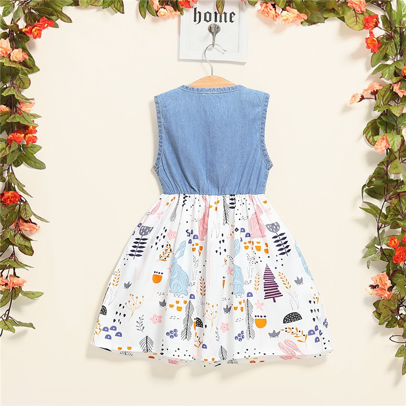 Đầm MIKRDOO vải denim không tay in họa tiết hoa trái cây thời trang mùa hè cho bé gái 1-5 tuổi