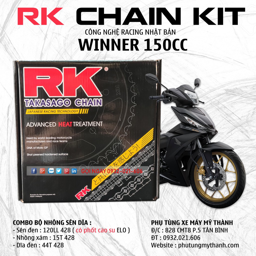 Nhông sên dĩa phốt cao su xe Winner 150cc thương hiệu RK Nhật Bản