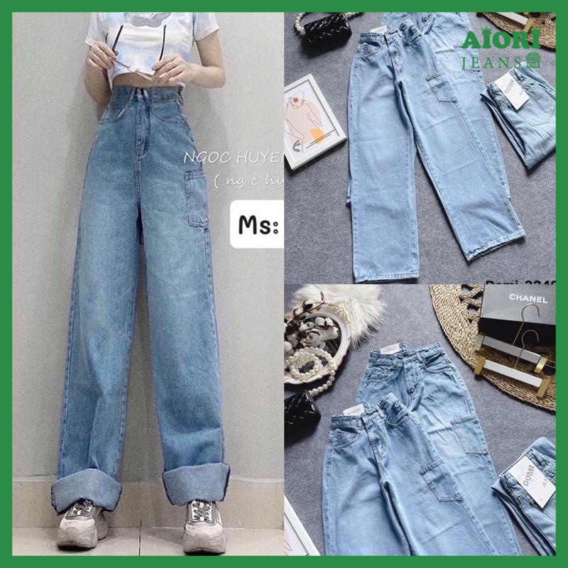 Quần Jean Nữ Aiori Ống Rộng Cạp Cao Bò Suông Túi Kiểu Phong Cách Thời Trang Hàn Quốc Vải Cotton Thoáng Mát, Mềm Mịn_3340