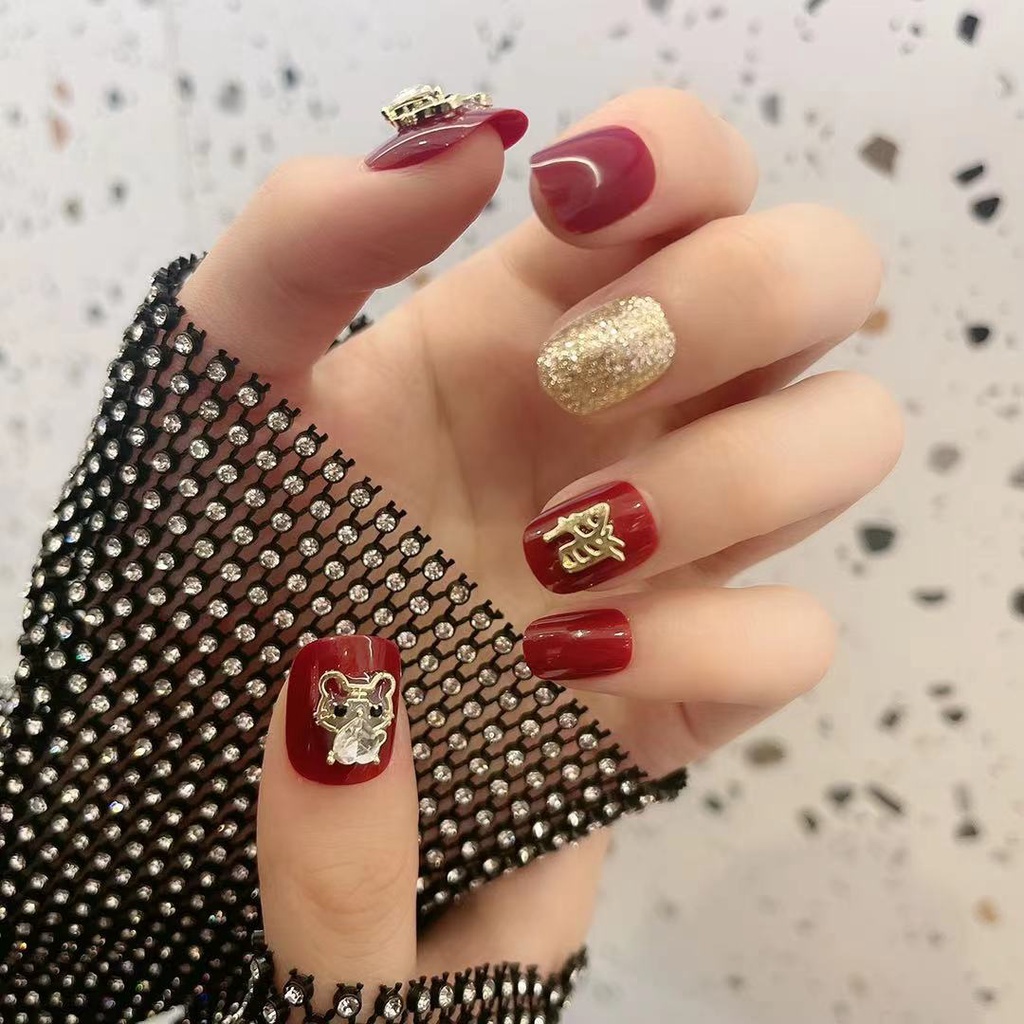 Bộ 24 móng tay giả màu đỏ mừng năm mới