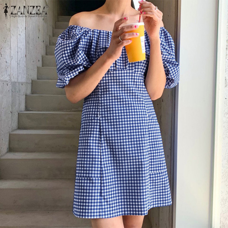 ZANZEA Women Off Shouder Plaid Elastic Cuff Square Collar Casual Mini Dress