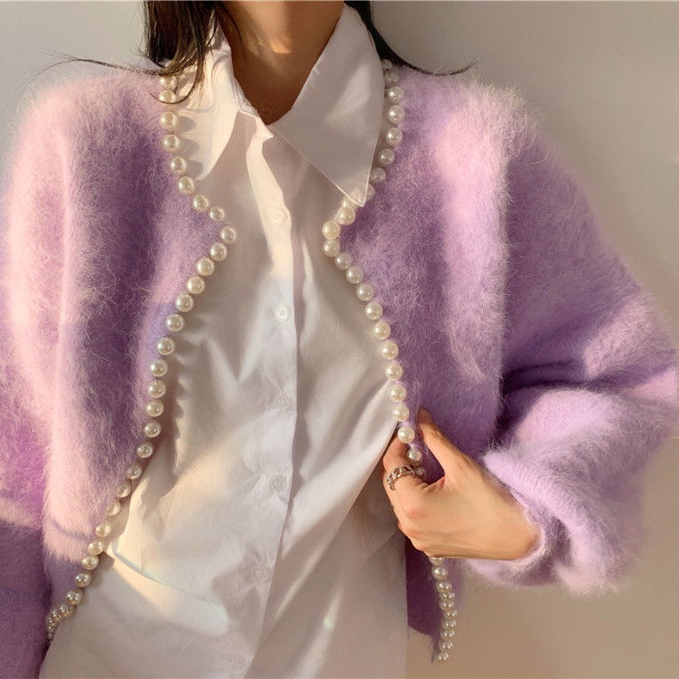 Áo sweater dệt kim tay phồng đính ngọc trai giả thời trang xuân thu 2021