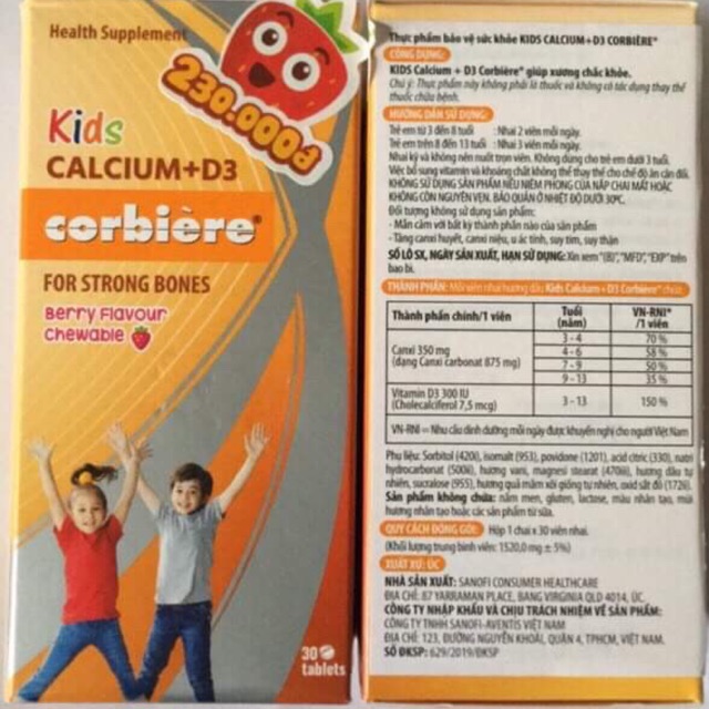 Viên nhai Kids Calcium+D3 Corbière (hàng chính hãng ,xuất xứ Úc do công ty Sanofi nhập khẩu)(giúp xương chắc khoẻ)