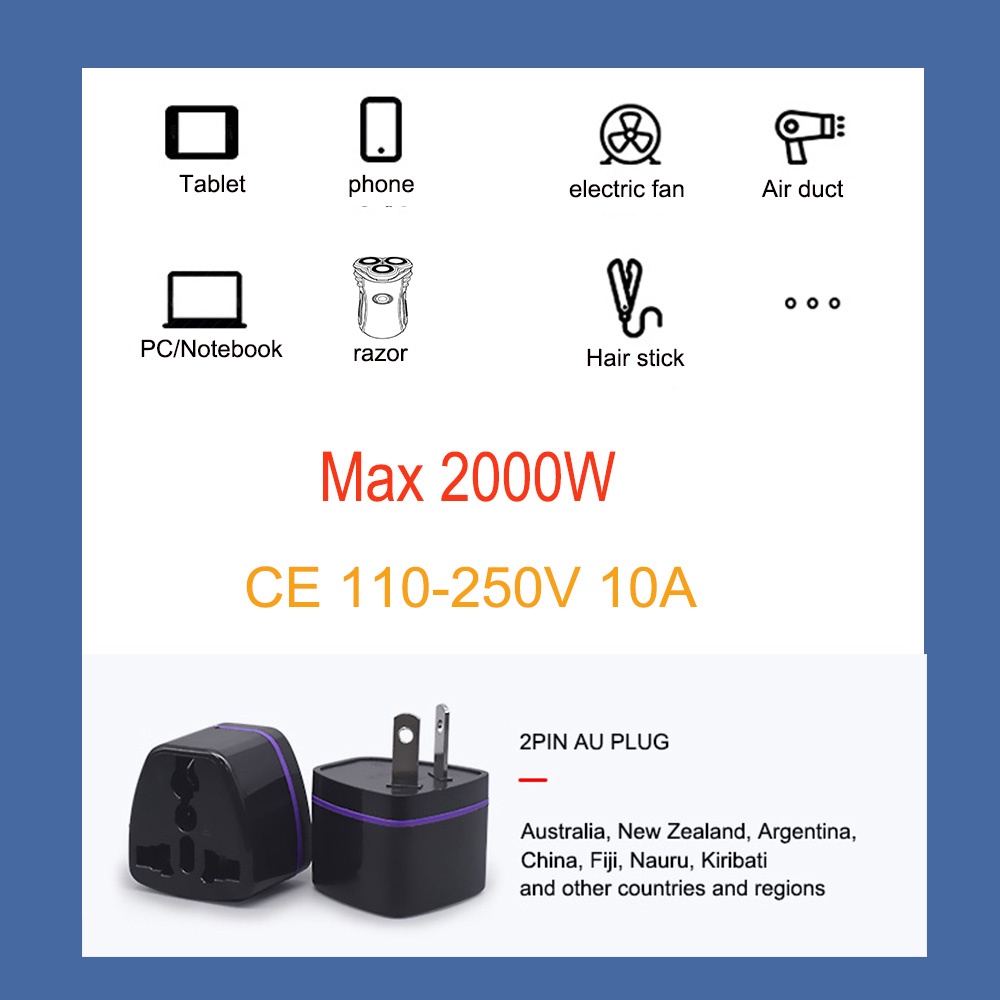 Phích Cắm Điện CE 100V-250V 10A 2000W Chuẩn AU Úc, Âu Mỹ, EURO 2Pin