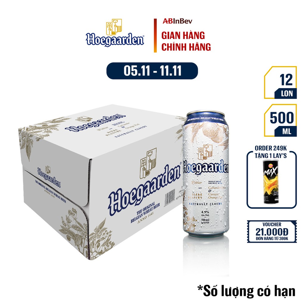 Bia Bỉ Hoegaarden Original lúa mì chính hiệu thùng 12 lon (500ml/lon)