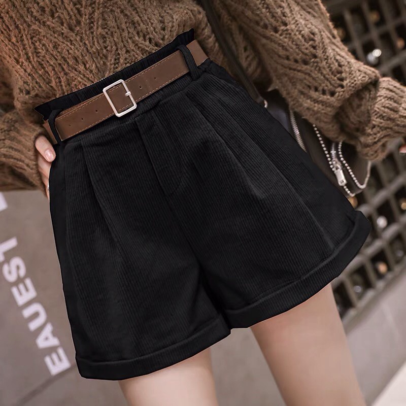 Quần shorts nữ nhung tăm kèm đai ba màu đen nâu kem đậm cạp lưng cao quần đùi nữ phong cách hàn quốc cao cấp KOZODA Q16 | WebRaoVat - webraovat.net.vn