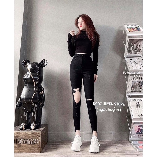 Quần jean dài ôm lưng cao đùi mài rách lai cắt ô vuông hàng VNXK!