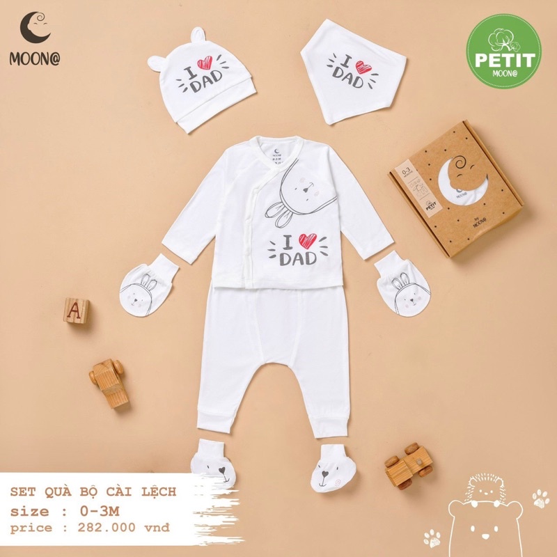 Set bộ sơ sinh petit Moon kèm hộp gồm 5 sản phẩm (bộ quần áo + bao tay chân+ yếm + mũ )(như ảnh)