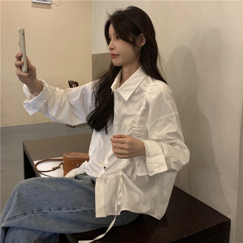 Áo sơ mi ZHELIHANGFEI tay dài dáng rộng cổ polo phối dây rút dễ phối đồ thời trang