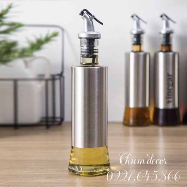 Chai đựng dầu ăn 300ml, nước mắm, nước tương thủy tinh bọc inox cao cấp